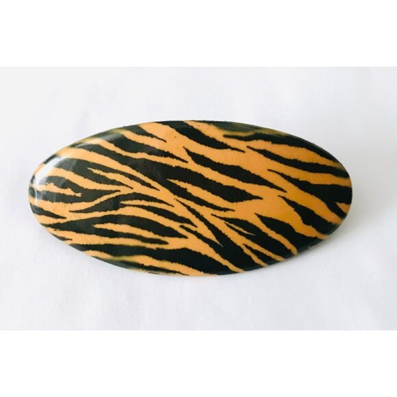 Vintage Tiger Striped Barrette Hair Clip Plastic Orange Black Animal Pattern - Picture 2 of 6